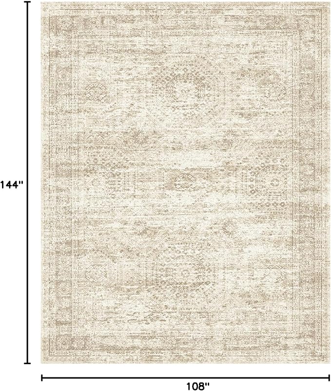 Soalmost 9x12 Area Rugs for Living Room, Non Slip Machine Washable Vintage Rugs, Low Pile Lightweight Large Rug for Bedroom, Dining Room, Home Office Beige