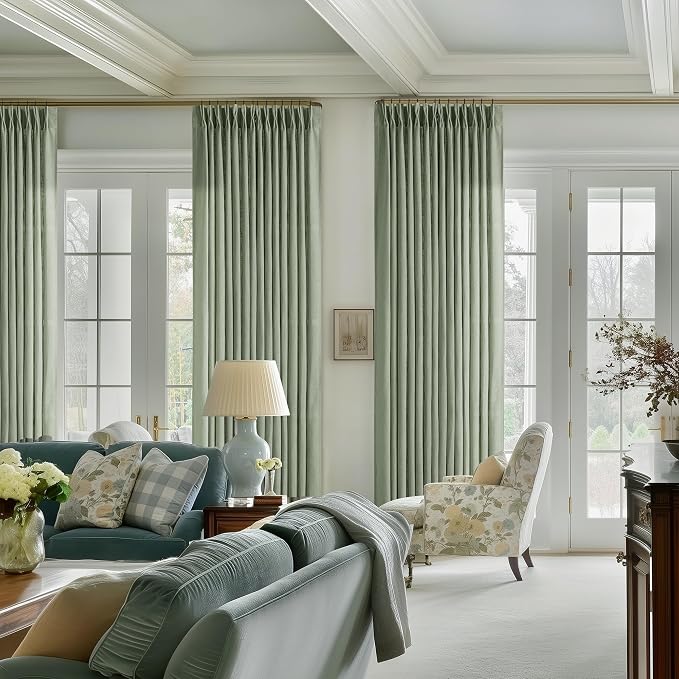 Sage Green Linen Curtains 102 Inches Long 2 Panels for Living Room Modern Thick Linen Flax Pinch Pleated Memory Trained Light Filtering Ceiling Semi Sheer 102 Inch Curtain with Hook Rings Back Tab