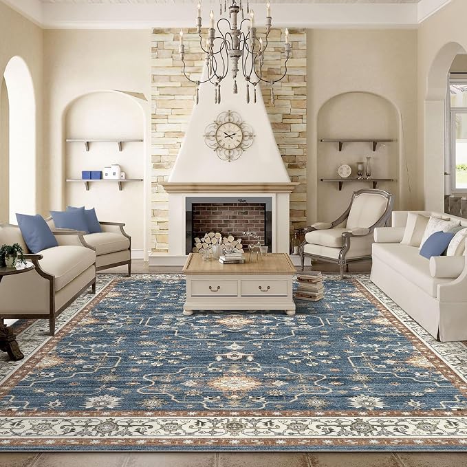 6x9 Area Rug for Living Room- Machine Washable Soft Oriental Vintage Large Indoor Floor Carpet for Bedroom Under Dining Table Home Office Decor - Dark Blue