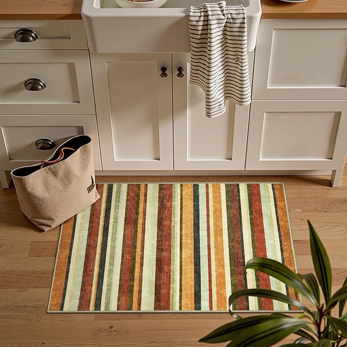 jinchan 2x3 Striped Rug for Entryway Washable Kitchen Rug Small Mat Non Slip Indoor Doormat Lightweight Low-Profile Decor Throw Carpet for Entrance Bathroom Laundry Room, Caramel Dusk