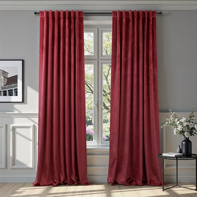Dark Red Velvet Curtains 96 Inches Long 2 Panels for Living Room Darkening Thermal Soundproof Thick Heavy Solid Textured Drapes for Master Bedroom Patio Door Doorway Room Dividers Decoration Burgundy