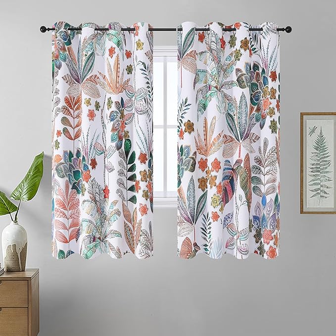 Estelar Textiler Blackout Curtains 63 Inches Long for Living Room,Colorful Leaves Print Thermal Curtainsfor Bedroom，Farmhouse Leaf Grommet Curtains Home Decoration,Set of 2 Panels,52Wx63L