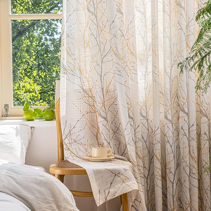 FMFUNCTEX Linen Semi Sheer Curtains for Bedroom, Yellow White Curtains 45 Inches Long for Living Room, Grey Tree Branch Print Curtain Light Filtering Kitchen Window Drapes, Grommet Top 2 Panels