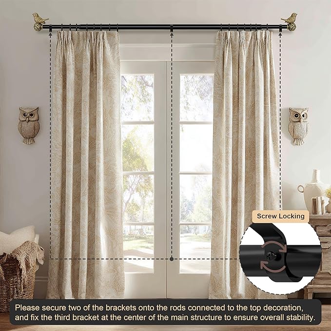 Black Curtain Rods for Windows 48 to 84 Inch, Vintage Decorative Curtain Rod with Gold Bird Finials, 1'' Adjustable Heavy Duty Drapery Rod Set for Bedroom Living Room Kitchen,36-88''