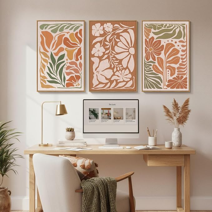 3 Piece Framed Boho Floral Wall Art for Living Room, Large Abstract Botanical Flower Canvas Prints Paintings, Mid Century Modern Wildflower Pictures Artworks Decor for Bedroom Office 16x24 Inch
