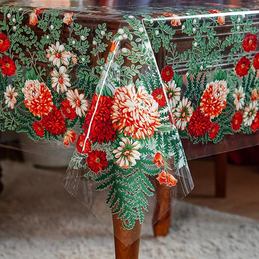 SUTAVIA Clear Vinyl Table Protector Rectangle PVC Tablecloth with Printing Floral Oilproof Table Cloths for Home Decor Holiday Party Dining Table Outdoor (Green01, Rectangle, 52x70 inches)