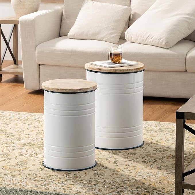 Glitzhome Rustic Storage Ottoman Seat Stool, Farmhouse End Table, Galvanized Dark Blue Rim Imitation Enamel Accent Side Table Toy Box Bin with Round Wood Lid for Living Room, Set of 2, White