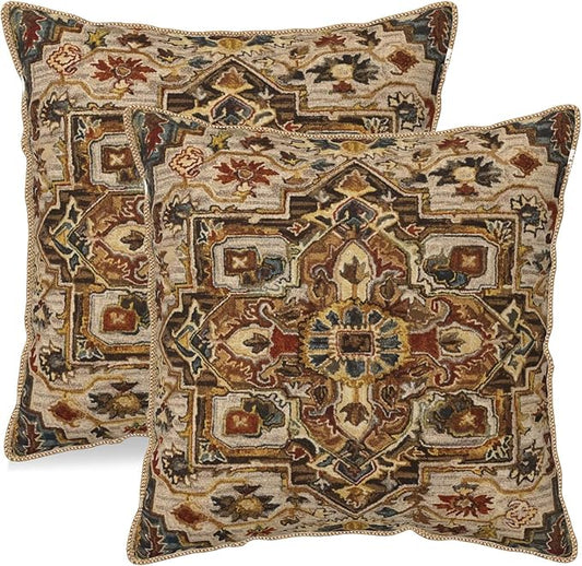 KSLIDS Boho Brown Soft Velvet Throw Pillow Covers Set of 2 Vintage Bohemian Rug Carpet Decorative Pillow Covers 20x20 Inch Antique Ethnic Pillow Case for Sofa Couch Living Room Home Decor
