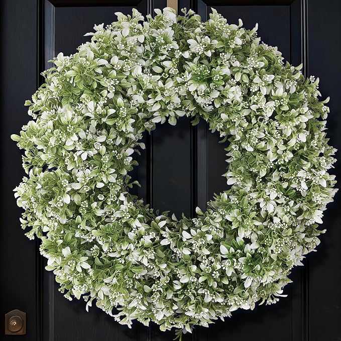 26" Large Artificial Boxwood Wreath for Front Door (White-Green) | Waterproof Fade Resistant,Premium Durable,Faux Aglaia Odorata Wreath,for Wall Window Farmhouse Outdoor All Seasons Decor