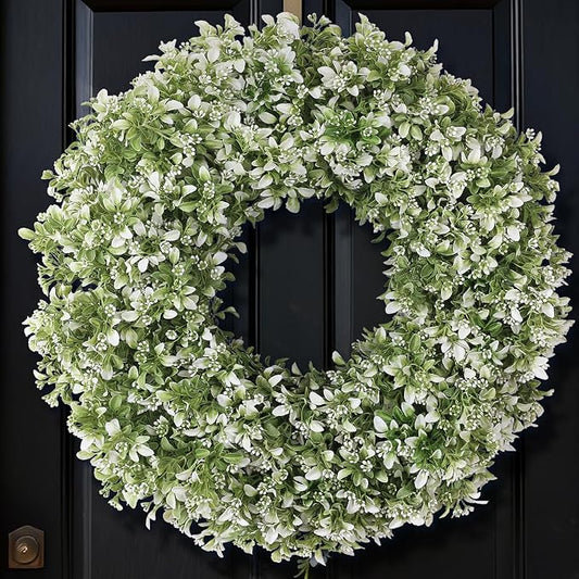 26" Large Artificial Boxwood Wreath for Front Door (White-Green) | Waterproof Fade Resistant,Premium Durable,Faux Aglaia Odorata Wreath,for Wall Window Farmhouse Outdoor All Seasons Decor