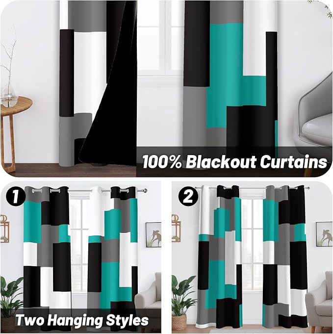 Tyrot Teal/Turquoise 100% Blackout Curtains for Bedroom 72 inch Length 2 Panels Set White Grey Modern Abstract Geometric Black Out Curtains Room Darkening Window Drapes for Living Room, 42Wx72L