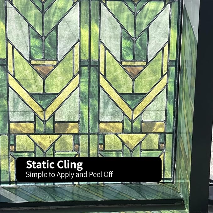 Faux Stained Glass Effect Transparent Window Film, Original Hand Drawn Static Cling Home Decal Inspired by Frank Lloyd Wright, 16.93" x84.65" Martin House, Green