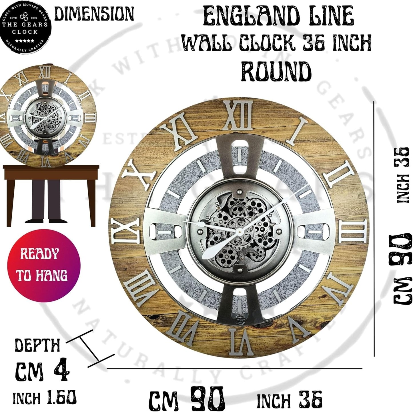 The Gears Clock Real Moving Gear Wall Clock England Line (Red Lava, 36 inches (90 cm))