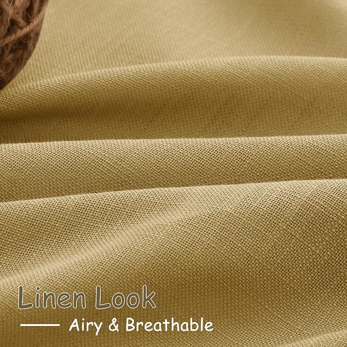 Gold Linen Curtains 90 Inch Long 2 Panels Set for Bedroom Living Room Linen Textured Window Drapes Semi Sheer Light Filtering Rod Pocket Back Tab Cotton Textured Farmhouse Curtain 52x90