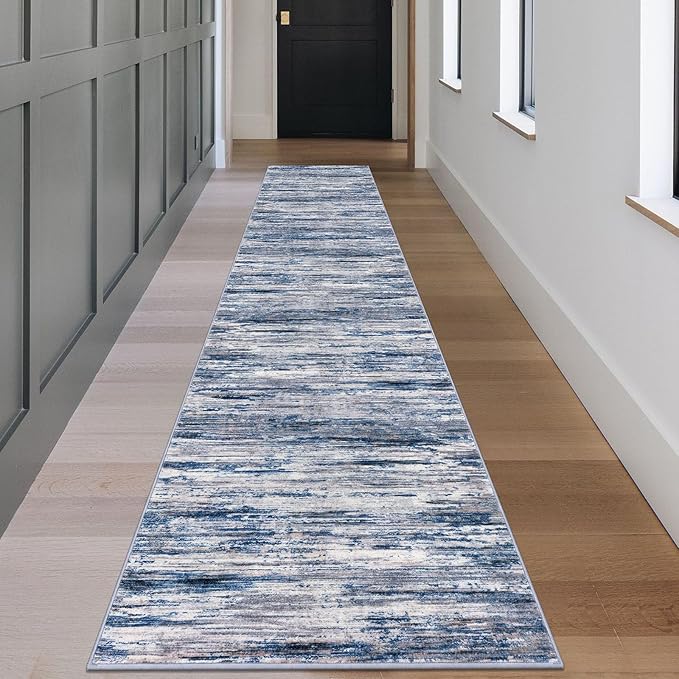 SIILOOM 2.6x18 Modern Abstract Runner Rug for Hallways, Navy Blue Gray Neutral Multi Super Soft Hallway Decor Kitchen Rugs with Non-Slip, Non-Shedding Washable Rug for Entryway Bedroom Indoor