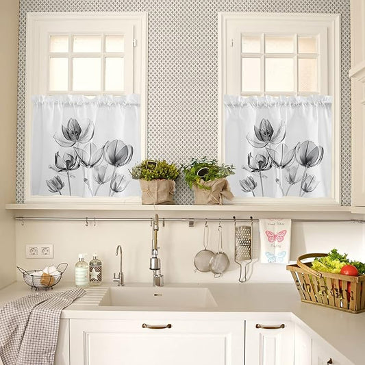 Kitchen Tier Curtains 36 inches Long, Flower Tulips Transparent Black Floral Window Curtains for Living Room Bath Cafe,Rod Pocket Light Filtering Drapes Short Half Window Treatment Tiers 2 Panels