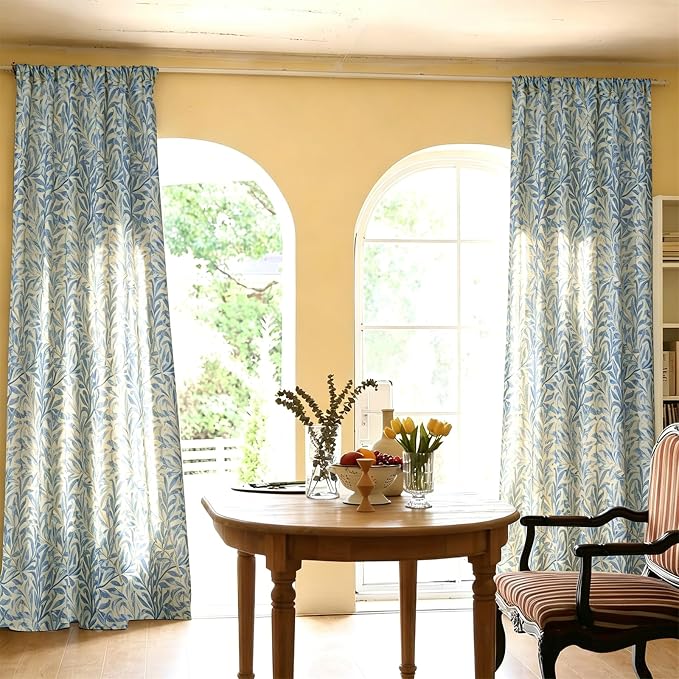 RoomTalks Turquoise Blue Floral Window Curtains 84 Inches Length 2 Panels Faux Linen Privacy, Boho Farmhouse Country Vintage Cute Botanical Curtain Panels for Bedroom Dining Living Room Nursery