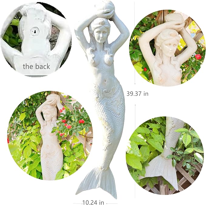 39'' High Mermaid Statue Wall Hanging Big Size Wall-Mounted Sculpture Wall Decoration Magnesium Oxide Indoor Outdoor Sculpture Mermaid Hook Garden Statue for Yard Backyard Decor