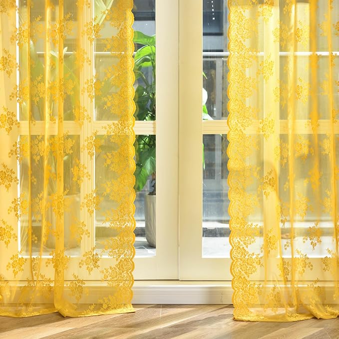 Kotile Gold Sheer Curtains 54 Inch Length 2 Panels, Country Vintage Floral Retro Mustard Yellow Lace Curtains for Bedroom, Rod Pocket Light Filtering Privacy Boho Window Curtain Panels, 52 x 54 Inch