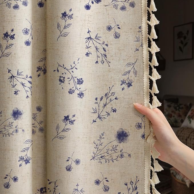Boho Floral Spring 100% Blackout Curtains 84 Inch Length 2 Panels Set, Linen Texture Farmhouse Curtains with Beige Tassel for Living Room Bedroom, Vintage Rustic Rod Pocket, Dark Blue