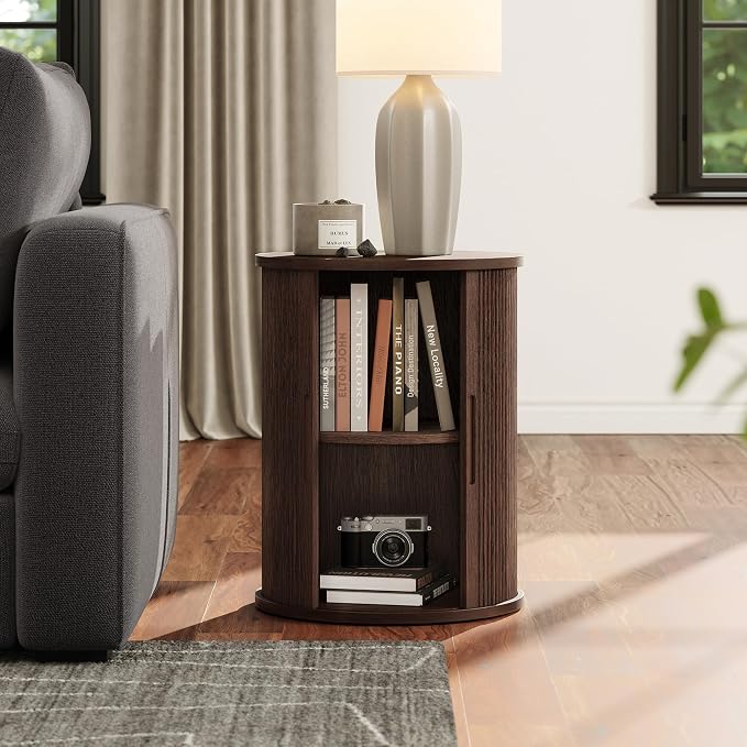 LINSY HOME Round Fluted End Table, Tall Side Table with Sliding Tambour Door and Storage Shelf, Modern Bedside Table, Mid-Century Nightstand for Living Room, Bedroom, Dark Walnut
