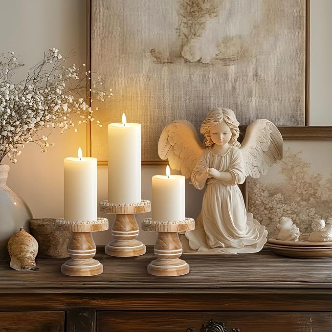 Small Candle Holder for Pillar Candle Set of 3, Farmhouse Wood Candle Holder, Rustic Wooden Candle Stand, Vintage Candle Stand Decorative for Living Room, Table Centerpiece, Washed Brown