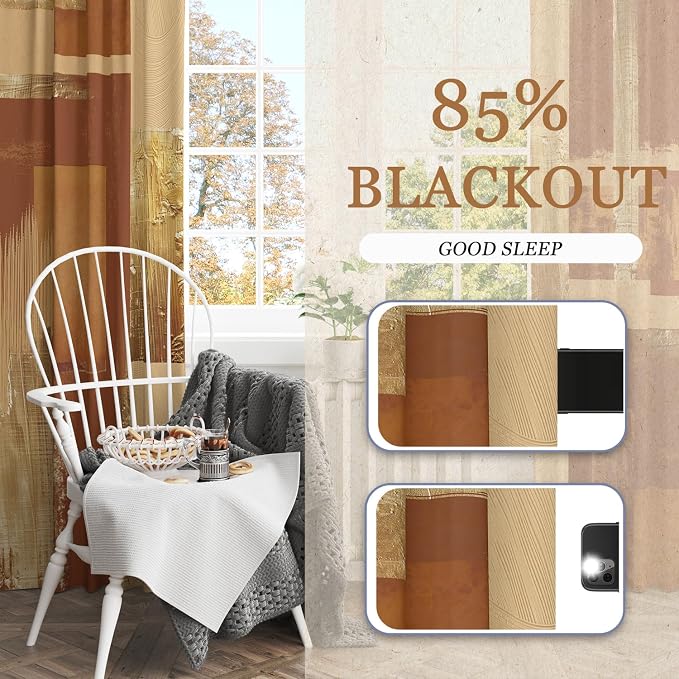 Boho Brown Gold Abstract Blackout Curtains, Modern Oil Aesthetic Neutral Contemporary Beige Darkening Thermal Insulated Grommet Light Blocking Drape Decor, 52 x 84 Inch Long 2 Panels