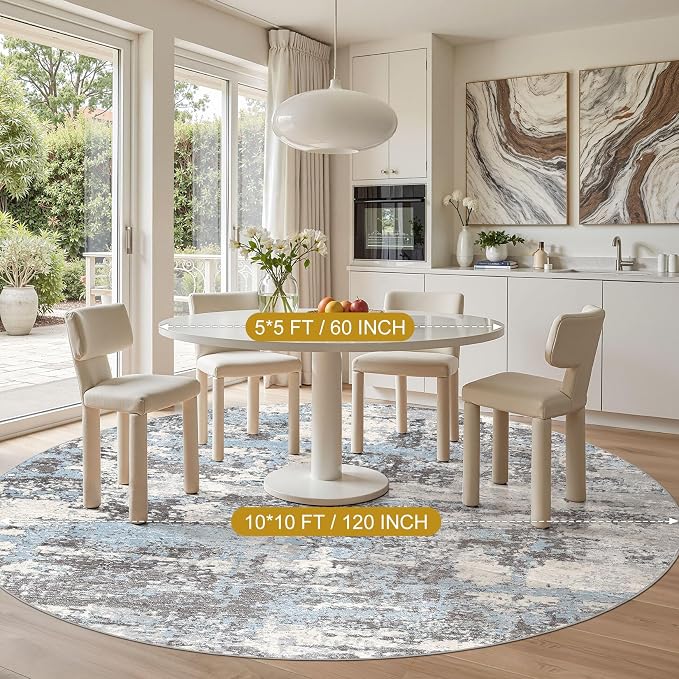 Area Rugs for Living Room: 10x10 Abstract Washable Rug Modern Neutral Large Soft Stain Resistant Non-Slip Backing Machine Table for Bedroom Dining Room Indoor Home Office Carpet - Blue Grey