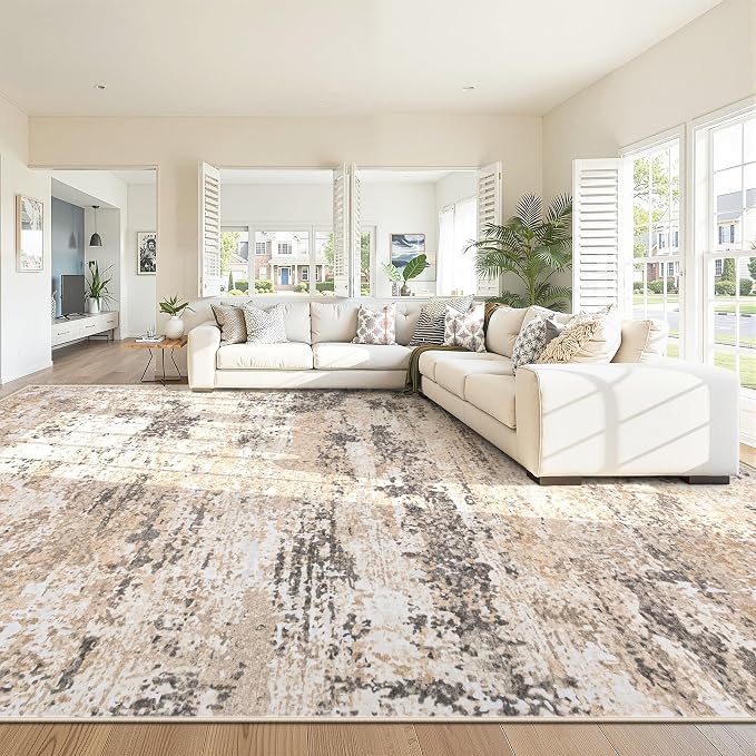 9x12 Area Rugs for Living Room: Washable Abstract Neutral Rug Large Modern Soft Non Slip Low Pile Rugs Floor Indoor Stain Resistant Carpet for Bedroom Dining Room Home Office (Light Brown, 9'x12')