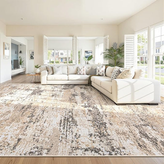 9x12 Area Rugs for Living Room: Washable Abstract Neutral Rug Large Modern Soft Non Slip Low Pile Rugs Floor Indoor Stain Resistant Carpet for Bedroom Dining Room Home Office (Light Brown, 9'x12')