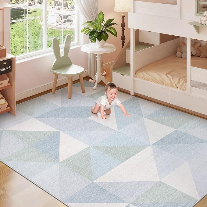 Washable Rug 5x7 Area Rugs: Modern Geometric Area Rug for Living Room Non-Slip Neutral Soft Carpet Low Pile Stain Resistant Indoor Rugs for Bedroom Nursery Dining Room Office (Light Blue, 5'X7')