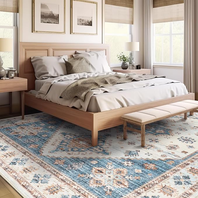 Roxstand Living Room 6x9 Washable Area Rugs, Blue/Beige | Large Area Rug, Non-slip Backing, Super-Soft Floral Vintage, Low Pile, For Living Room, Bedroom, Dining Room, Office