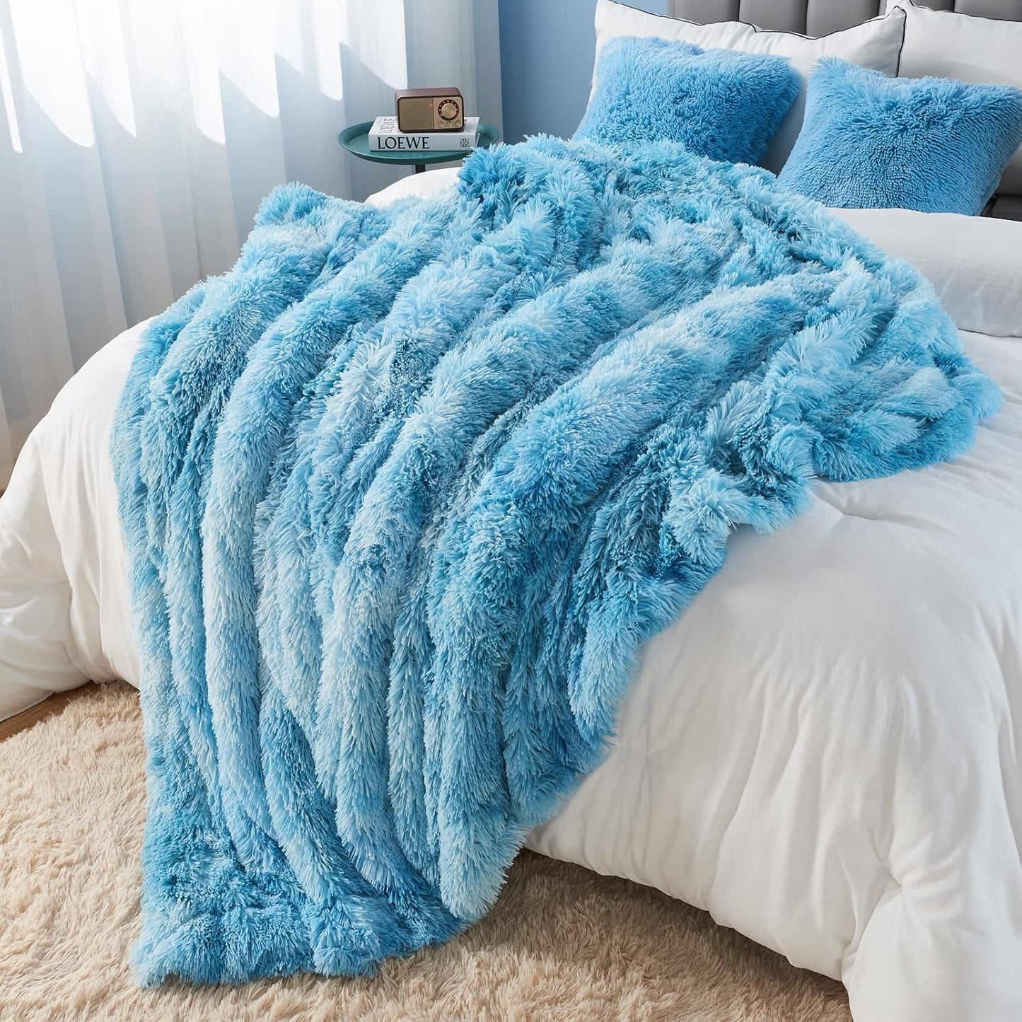 GONAAP Fuzzy Faux Fur Throw Blanket Tie-dye Ocean Blue Super Soft Cozy Plush Fuzzy Shaggy Blanket for Couch Sofa Bed (Tie-dye Ocean Blue, Throw(50"x60"))