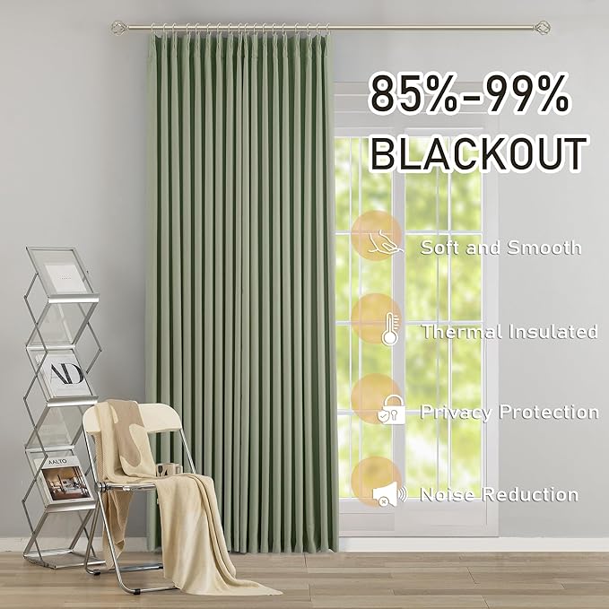 DONREN Sage Green Pinch Pleated Blackout Curtains with Hooks - 63 inch Length Room Darkening Thermal Insulated Short Window Curtain Panels for Bathroom Kids Room 2 Panel 40" Wx63 L