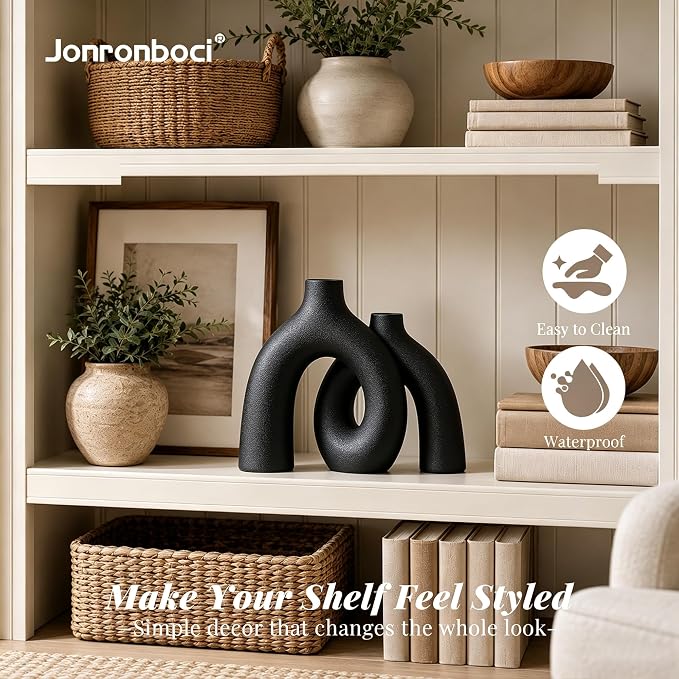 Matte Black Vase Set - Hug Hollow Donut Aesthetic Ceramic Vases Home Decor, Modern Nordic Minimalist Decorative Vase for Table Centerpiece Bookshelf Office Entryway Console Fireplace (Black)