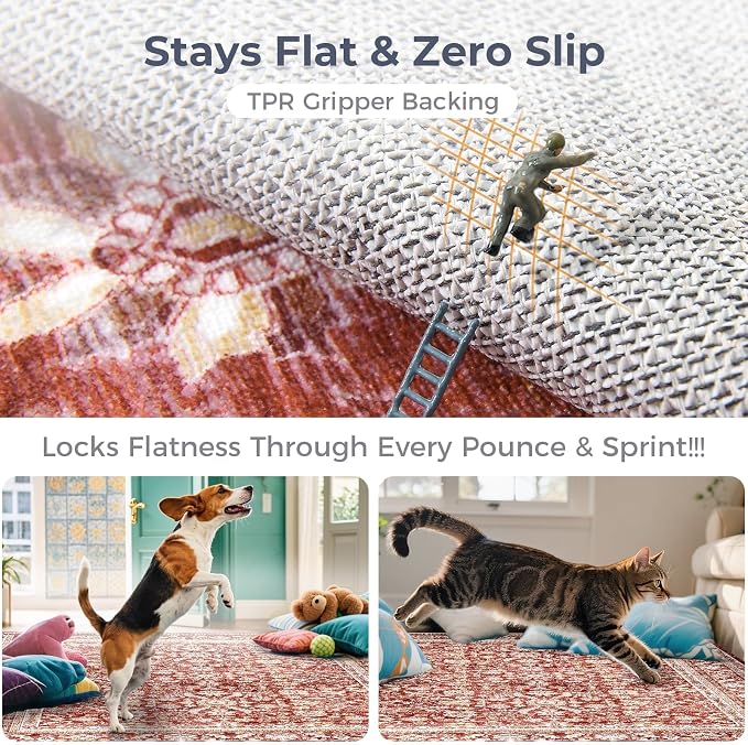 OPPODREAM Vintage Red Area Rugs 10x14, 10 x 14 Retro Washable Rug Non Slip, Low-Pile Faux Wool Carpet, Distressed Floor Mat for Living Room, Bedroom, Office, Dorm, Dinning Room, Big & Large