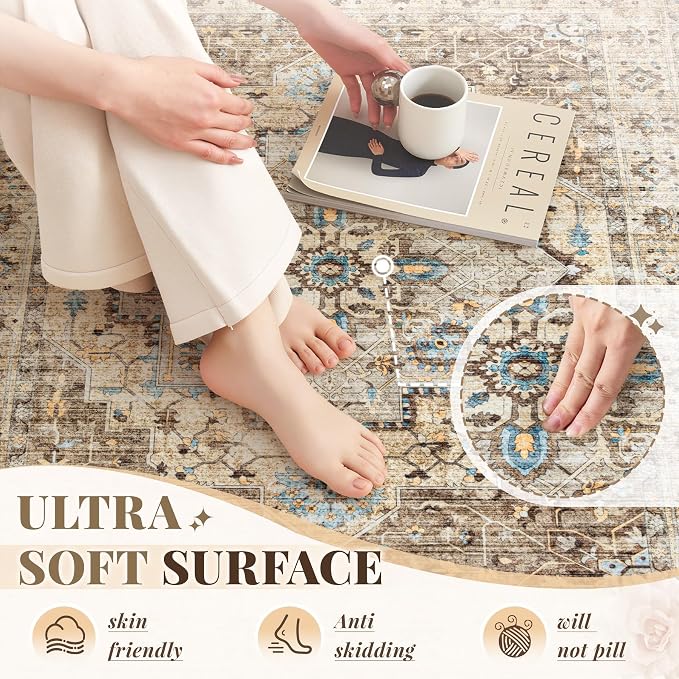 Area Rug 5x7 Vintage Rug: Washable Indoor Medallion Rugs Low Pile Distressed Floor Carpet Retro Accent Rug for Living Room Bedroom Kitchen Dining Table Home Office(Brown/Blue, 5'x7')