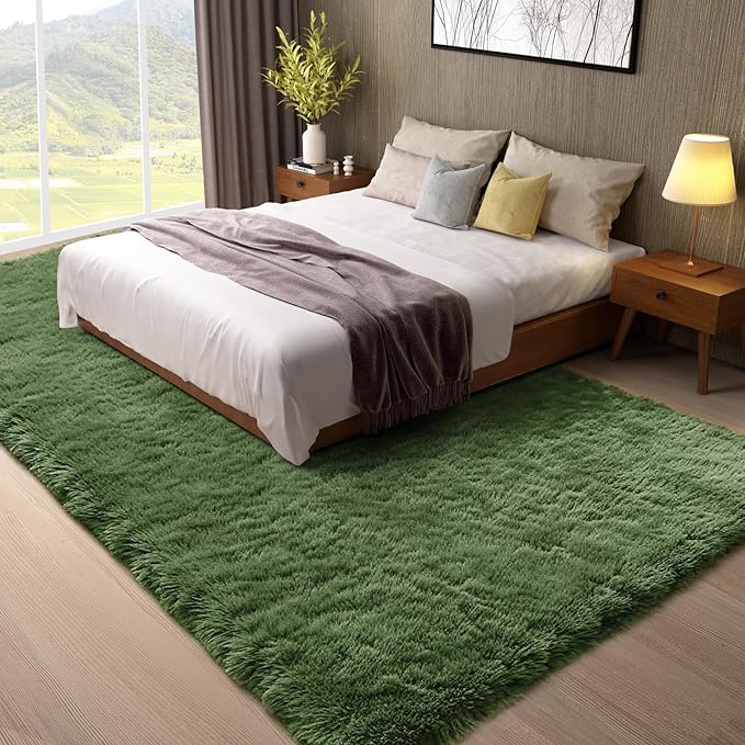 Ophanie Gray Green Rugs for Living Room 5x8,Grass Shag Fluffy Large Fuzzy Plush Soft Carpets,Floor Shaggy Area Rugs for Bedroom,Carpet for Kids Boys Girls Dorm Decor with Over 99 pcs Pile fibers