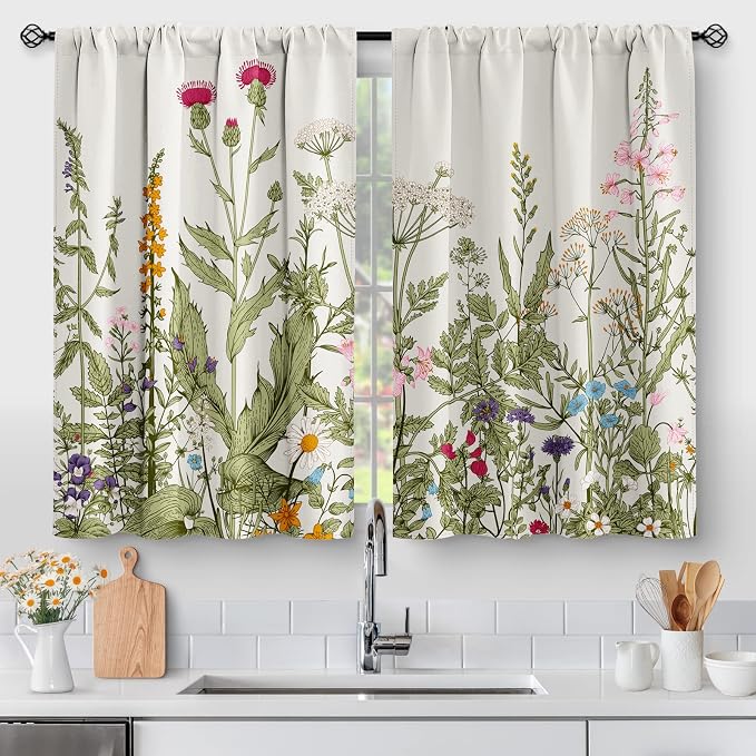 Aimego Floral Rustic Plant Kitchen Curtains - Spring Flower Botanical Farmhouse Country Green Leaves Small Cafe Short Tier Curtains for Bathroom Rod Pocket Window Drapes 45 Inch Length 2 Panels Set