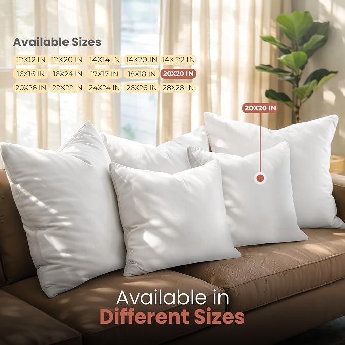 Utopia Bedding 20x20 Pillow Inserts, Set of 2, White – Indoor Decorative Throw Pillows for Bed, Sofa & Couch – Soft, Supportive & Fluffy Cushion Inserts
