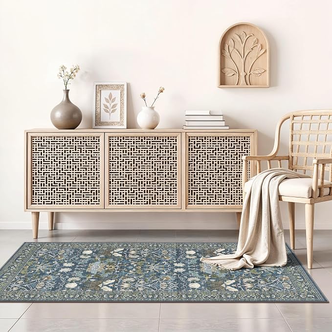 Washable 2x4 Entryway Area Rugs: Anti-Slip Thin Kitchen Carpet Indoor Light-Weight Doormat Ultra Soft Low Pile Nursery Room Rug Vintage Small Floor Mat for Hardwood Bedroom (2x4,Floral/Blue)