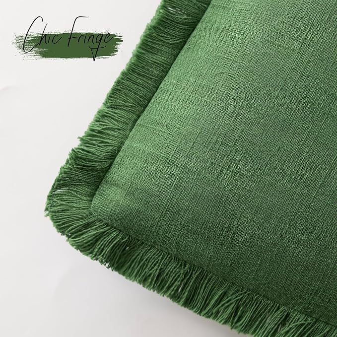 Foindtower Set of 2 Decorative Linen Fringe Lumbar Throw Pillow Covers Boho Farmhouse Cushion Cover with Tassels Soft Accent Pillowcase for Couch Sofa Living Room Home Decor,12×20 Inch,Forest Green