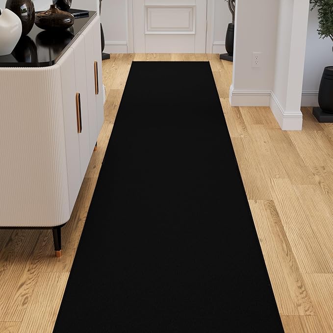 Ottomanson Aisle Runner Rug – Non-Slip Low Pile Carpet Runner for Long Hallways & Corridors, Stain Resistant & Easy to Clean, Solid Black, 2'7" x 30'