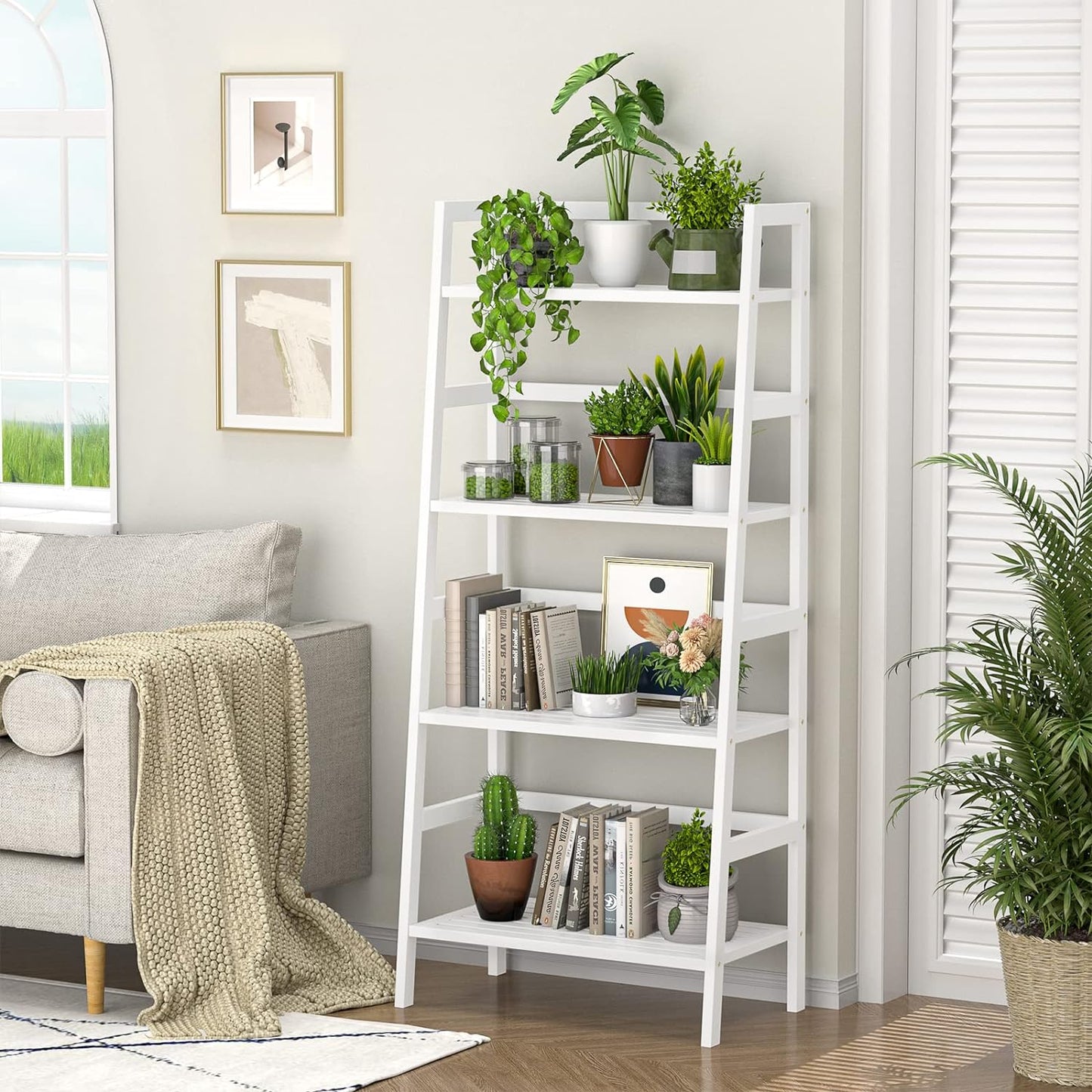 Homykic Bamboo White Bookshelf 4-Tier Ladder Shelf, 49.2” Freestanding Open Bookcase Book Shelf Bathroom Storage Shelf Unit Plant Stand for Small Space, Bedroom, Living Room, Home Office
