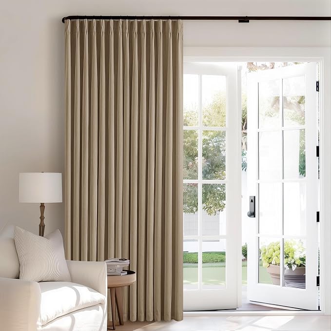 Light Brown Blackout Linen Curtains 105 Inches Long for Bedroom Pinch Pleated Black Out Curtains Lined 2 Layers Memory Shape Noise Reducing Rustic Farmhouse Living Room Darkening Window Drapes