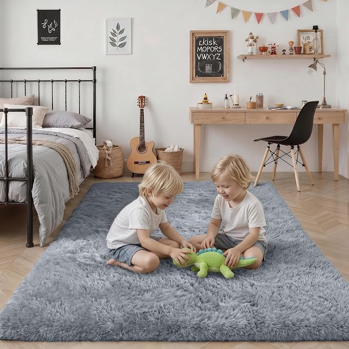 8x10 Area Rugs for Living Room Bedroom: Ultra Soft Fluffy Shag Rug Upgrade Non-Slip Non-Shedding Large Fuzzy Plush Carpet Indoor Floor Carpets for Kids Room Playroom Nursery Dorms Home Light Gray