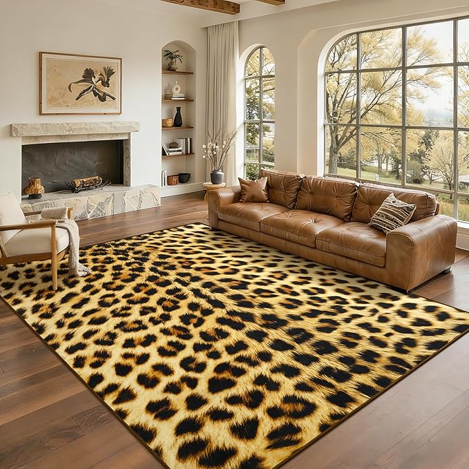 Soft Leopard Rug 6x9 Ft, Animal Print Rugs for Living Room Bedroom, Non-Slip TPR Backing for Hardwood Floors, Machine Washable & Easy to Clean, Pet Friendly Carpet for Kids, Yellow, Black