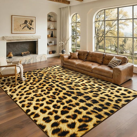 Soft Leopard Rug 6x9 Ft, Animal Print Rugs for Living Room Bedroom, Non-Slip TPR Backing for Hardwood Floors, Machine Washable & Easy to Clean, Pet Friendly Carpet for Kids, Yellow, Black