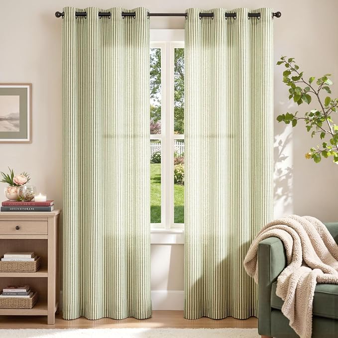 jinchan Linen Curtains for Living Room Sage Green on Beige Striped Curtains for Bedroom Ticking Stripe Pattern Light Filtering Farmhouse Cottage Core Rustic grommet Window Treatment 2 Panels 84 inches
