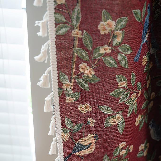 ENJOYBRIDAL Floral 84 Inch Curtains for Living Room Maroon Drapes Bird Pattern Jacquard Rod Pocket Window Curtain Panels Bedroom Farmhouse Decor Boho Tassel Semi Blackout 2 Panels Window Treatments